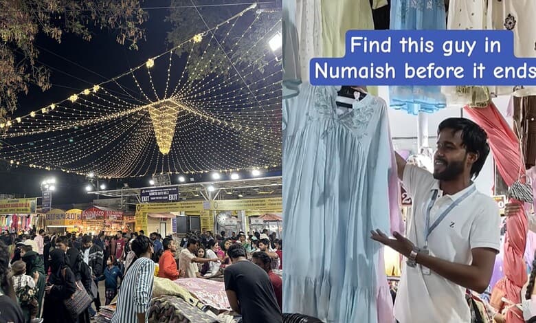 Man selling clothes at Hyderabad Numaish 2026 fair, with meme overlay.