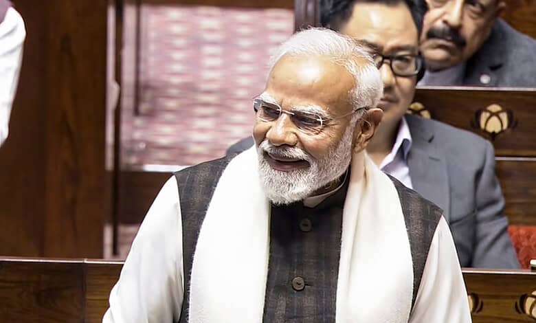 Prime Minister Narendra Modi in the Rajya Sabha before his reply to the Motion of Thanks to the President's address during the Budget session of Parliament