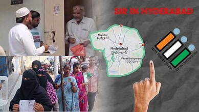 Map of Hyderabad with SIR logo and community members preparing for BLO visits.