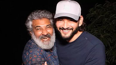 Celebration scene from SS Rajamouli’s Varanasi film shoot with actors and crew.
