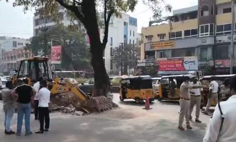 Tree obstructing traffic near Shaikpet flyover relocated by GHMC