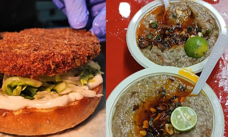 Delicious Haleem burger with crispy patty, fresh vegetables, and creamy sauce, perfect for Ramzan ce.