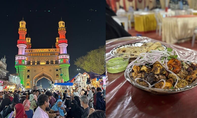 Vibrant Hyderabad food street illuminated at night with diverse dishes for Ramzan celebrations.