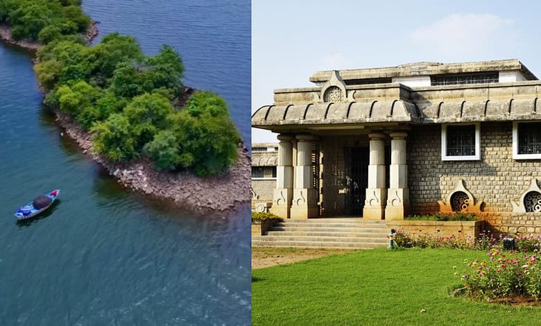 A historic stone museum surrounded by water, accessible only by boat, near Hyderabad.