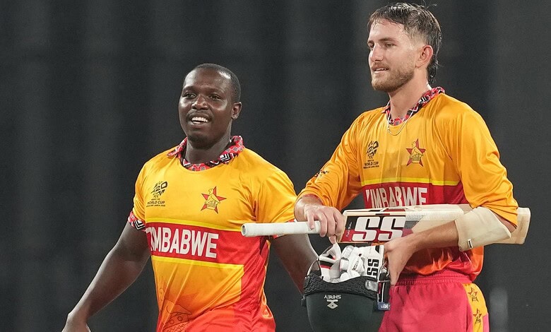 Zimbabwe cricket players celebrating after winning match against Sri Lanka in T20 World Cup.