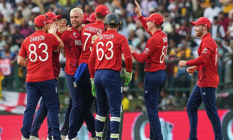 England cricket team celebrating during a match at the T20 World Cup.