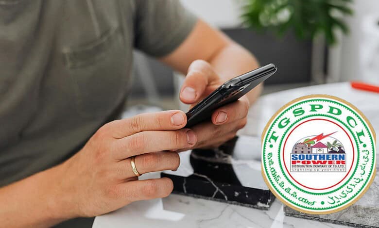 Man using smartphone with TGSPDCL (Southern Power Distribution Company of Telangana) logo overlay