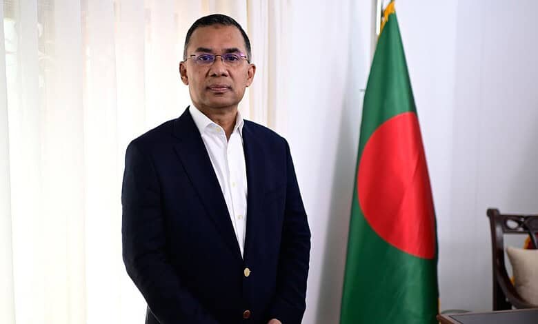 Tarique Rahman, Bangladesh politician, speaking during his first address after recent political chan.