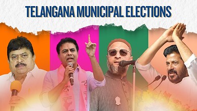 Leaders campaigning during Telangana municipal elections in vibrant settings.