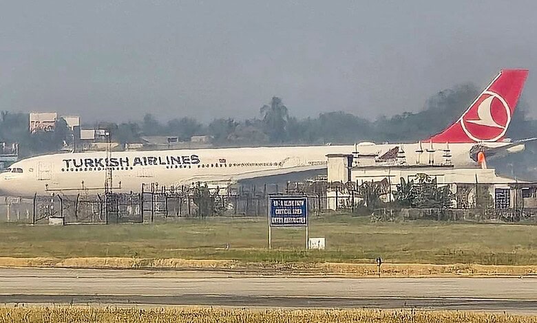 The Turkish Airlines plane that made an emergency landing after the pilot declared a fire in the aircraft's right engine, at Kolkata airport.