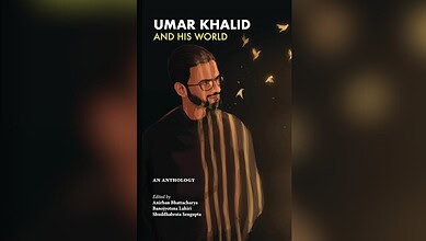 Umar Khalid, activist and author, depicted with a thoughtful expression, surrounded by butterflies, symbo.