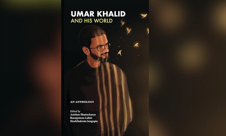 Umar Khalid, activist and author, depicted with a thoughtful expression, surrounded by butterflies, symbo.
