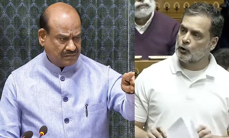 Lok Sabha Speaker Om Birla (left) and senior Congress Rahul Gandhi (right)