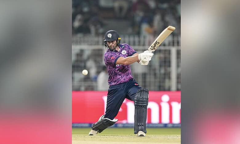 Scotland's Tom Bruce plays a shot during the ICC Men's T20 World Cup 2026 cricket match between West Indies and Scotland at the Eden Gardens in Kolkata on Saturday. (PTI Photo/Swapan Mahapatra)