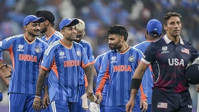 India's players celebrate after winning the ICC Men's T20 World Cup 2026 cricket match against USA at the Wankhede Stadium in Mumbai on Saturday. (PTI Photo/Kunal Patil)
