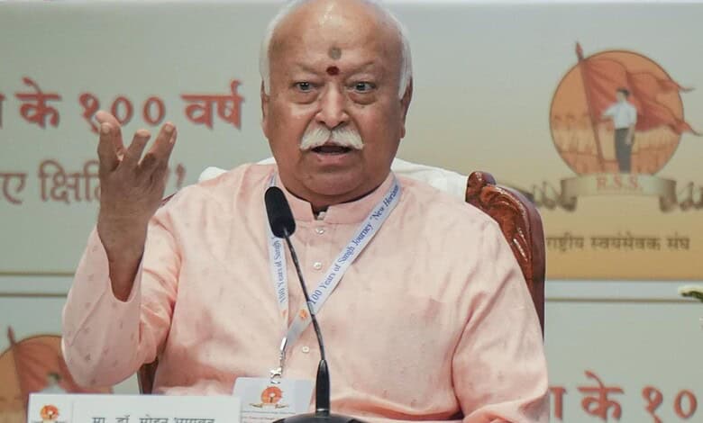 RSS President Mohan Bhagwat addresses a meeting