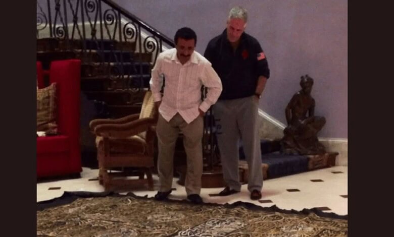 Jeffery Epstein pictured with Sultan Ahmed bin Sulayem looking at the sacred Kaaba cloth. (US Department of Justice)