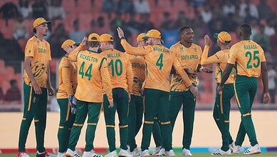 South Africa's Lungi Ngidi, third from right, celebrates with teammates the wicket of Canada's Yuvraj Samra during the T20 World Cup cricket match between Canada and South Africa in Ahmedabad on Monday. AP/PTI