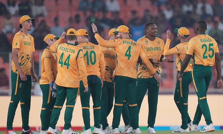 South Africa's Lungi Ngidi, third from right, celebrates with teammates the wicket of Canada's Yuvraj Samra during the T20 World Cup cricket match between Canada and South Africa in Ahmedabad on Monday. AP/PTI