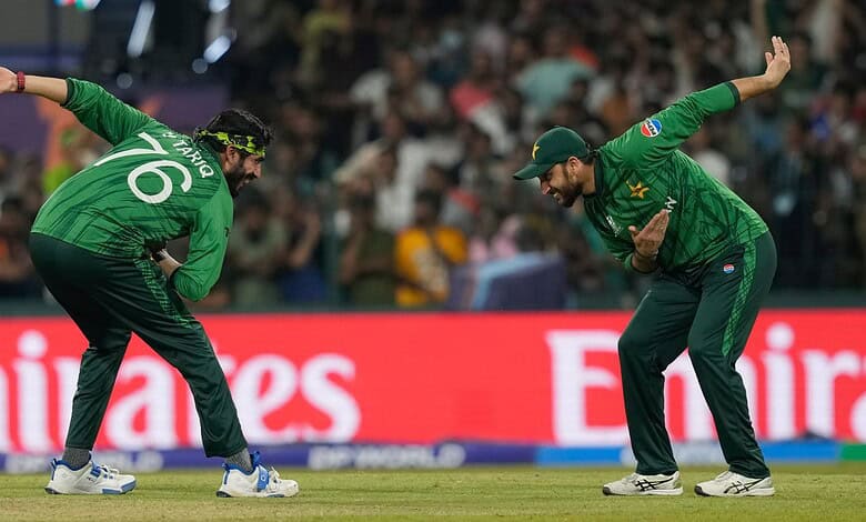 Pakistan cricket players celebrating during the T20 World Cup match against the USA.