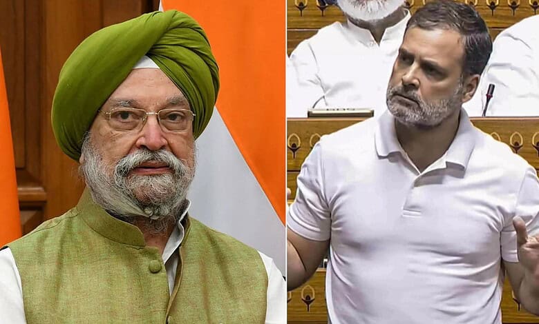 Hardeep Singh Puri in parliament during a discussion about Jeffrey Epstein.