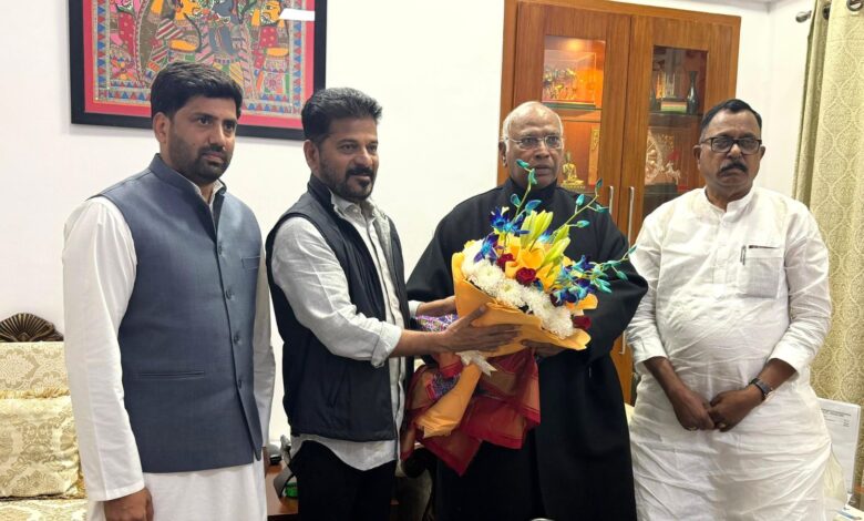 Telangana Chief Minister Revanth Reddy meets Congress President Mallikarjun Kharge in New Delhi