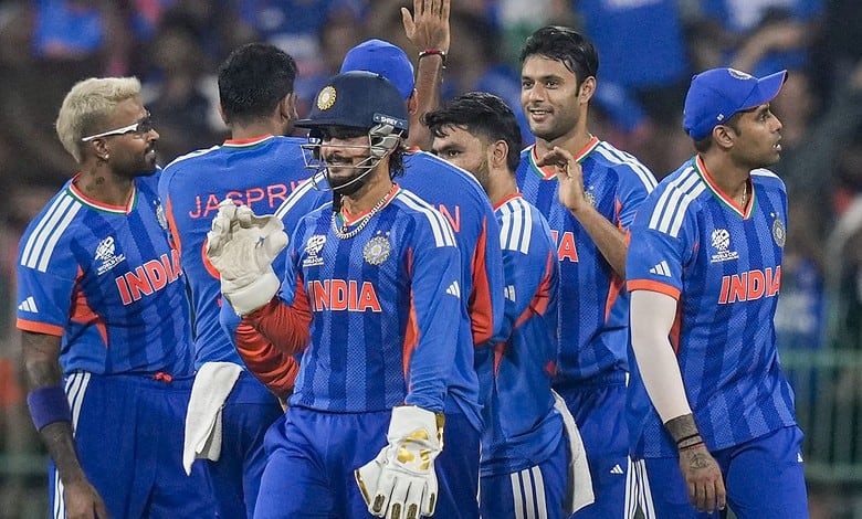 India celebrates after taking the catch of Pakistan's Mohammad Nawaz during an ICC Men's T20 World Cup 2026 cricket match in Colombo on Sunday. (PTI Photo/R Senthilkumar)