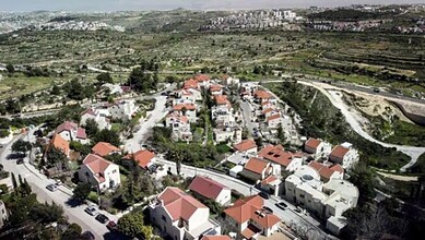 An aerial view of Israeli settlements in the West Bank