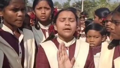 Group of students protesting water shortage at government school in Telangana.