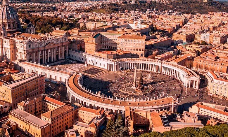 Aerial view of St. Peter's Basilica and the Vatican visitor area in Rome.
