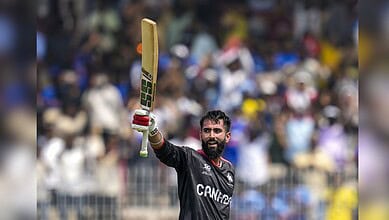 Canada's Yuvraj Samra celebrates after scoring a century (100 runs) during the ICC Men's T20 World Cup 2026 between New Zealand and Canada in Chennai on Tuesday. (PTI Photo/R SenthilKumar)