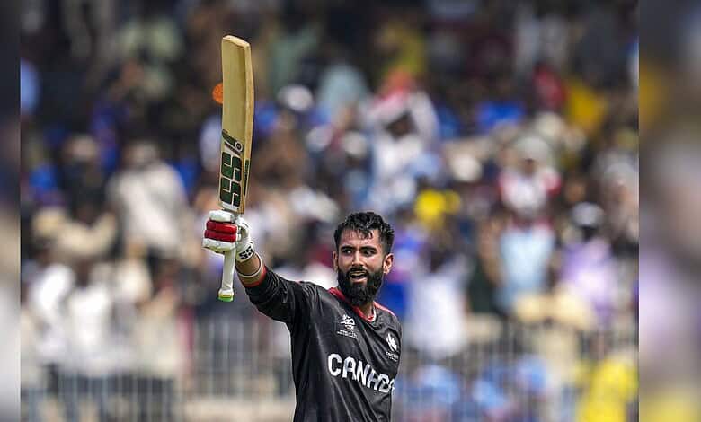 Canada's Yuvraj Samra celebrates after scoring a century (100 runs) during the ICC Men's T20 World Cup 2026 between New Zealand and Canada in Chennai on Tuesday. (PTI Photo/R SenthilKumar)