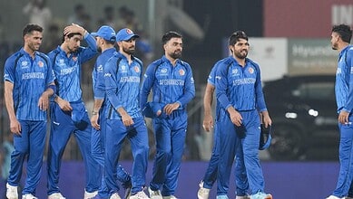 Afghanistan's players celebrate after winning an ICC Men's T20 World Cup 2026 cricket match against Canada in Chennai on Thursday (PTI Photo/R SenthilKumar)