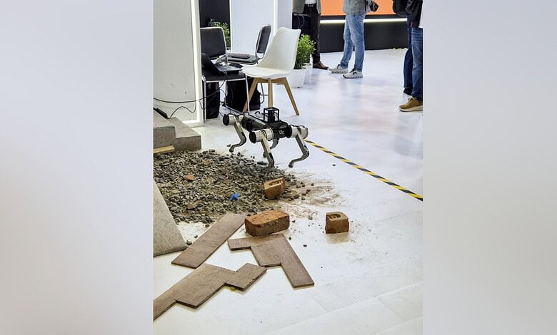 Robot dog SVAN-M2, by Kanpur-based startup xTerra Robotics, Indian Institute of Technology (IIT) Kanpur and L&T, at the AI Impact Summit 2026, in New Delhi. (Handout via PTI Photo)