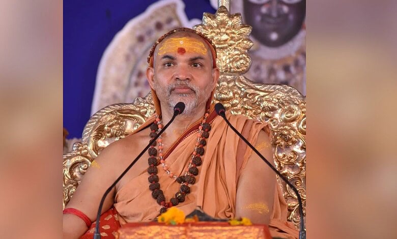 Religious leader Swami Avimukteshwaranand during a press conference on FIR under POCSO Act.