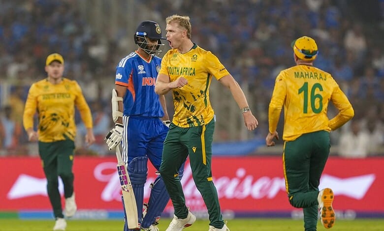 South African cricketers celebrate during the T20 World Cup 2026 match against India.