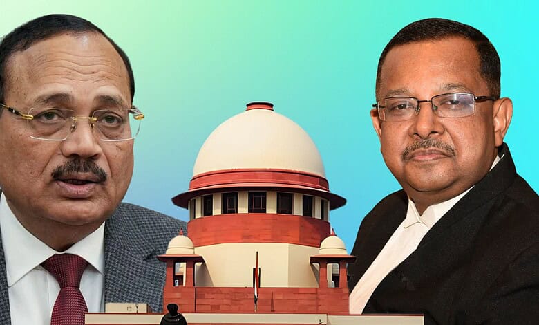 Two Indian Supreme Court judges in discussion, with the court building in the background.