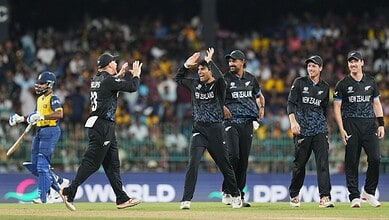 New Zealand cricket players celebrating after winning against Sri Lanka in T20 World Cup match.