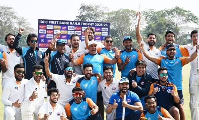 Jammu and Kashmir team celebrating their first Ranji Trophy victory with players and staff.