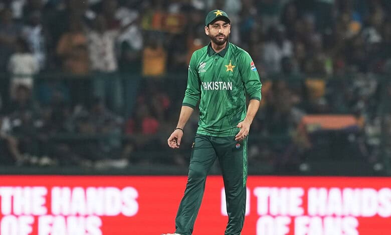 Pakistan cricket player in green uniform during T20 World Cup 2026 match.