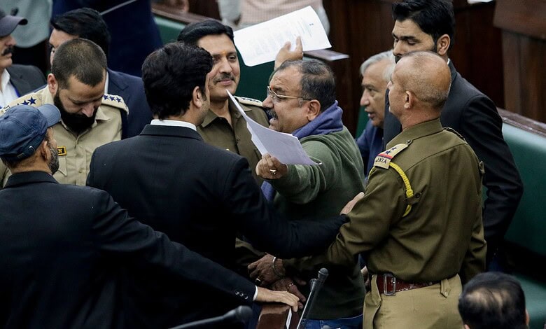 Jammu: BJP MLA Vikram Randhawa protests during the Budget session of the Jammu and Kashmir Assembly, in Jammu, Friday, Feb. 13, 2026. (PTI Photo)