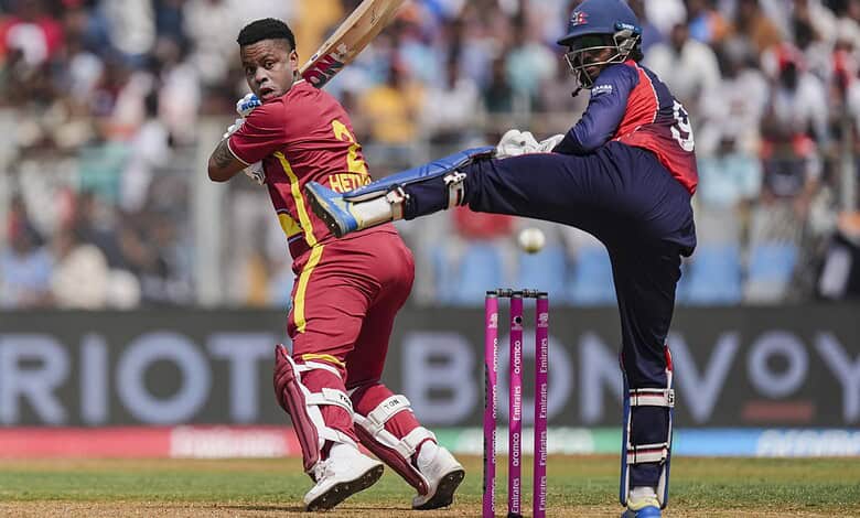 West Indies batter facing a fast bowler during T20 World Cup game.