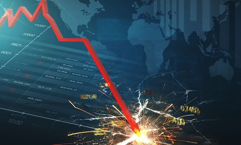 Graph showing Sensex and Nifty indices dropping 1% during mid-session trading.