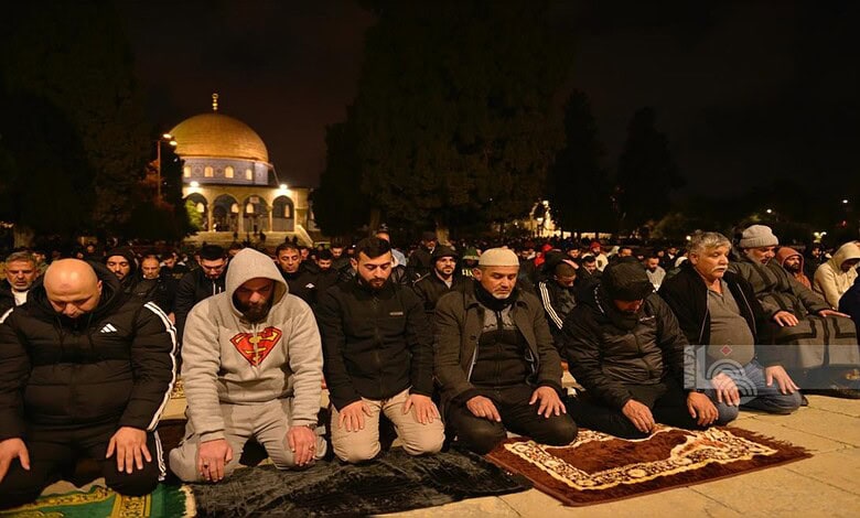 Worshippers perform Isha and Taraweeh prayers at Al-Aqsa Mosque in Jerusalem during Ramzan night.