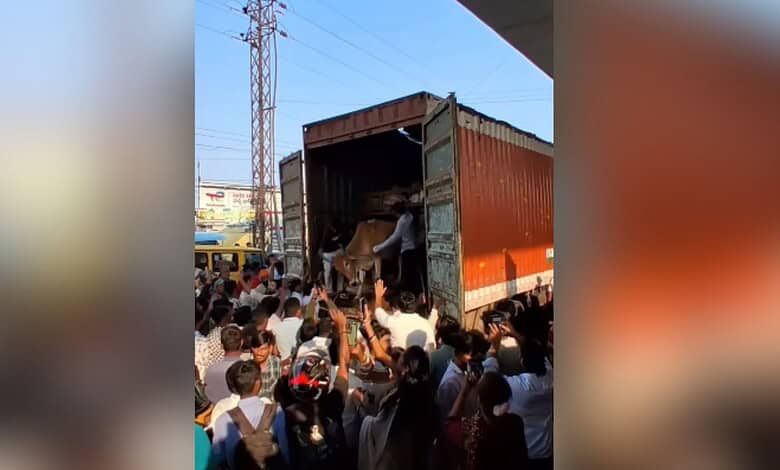 Crowd gathers at Attapur after clash, Gau Raksha Dal chief detained, demanding justice.