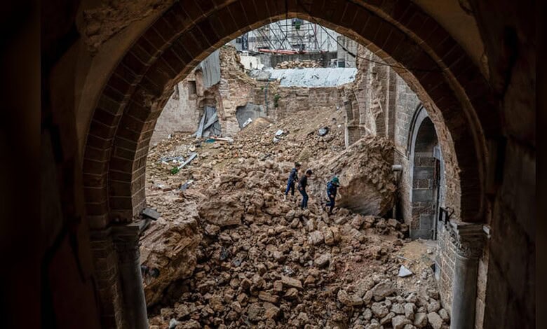 Ruins of historic mosques and churches destroyed during Gaza conflict.