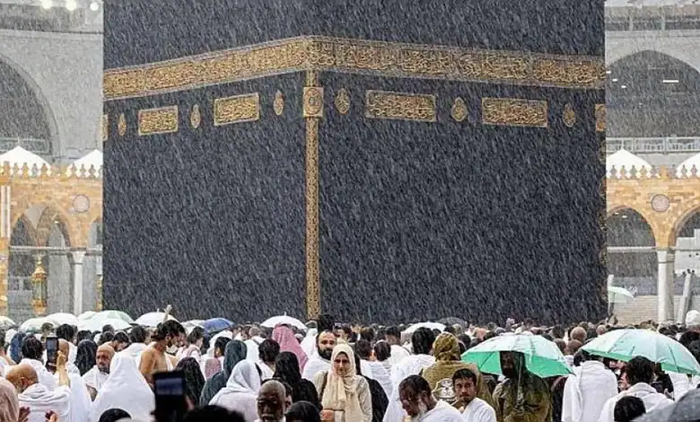 Worshippers pray for rain at the Kaaba during heavy rain in Mecca.
