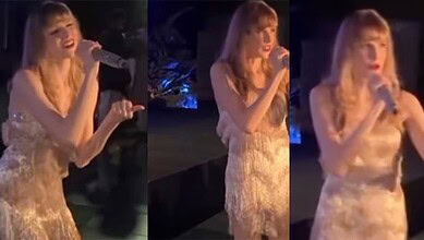 Taylor Swift singing at a wedding event in Jamnagar, India, during a special celebration.