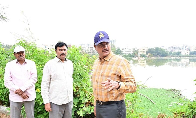 Hydraa Commissioner inspecting Gangaram and Eerla ponds for water management.