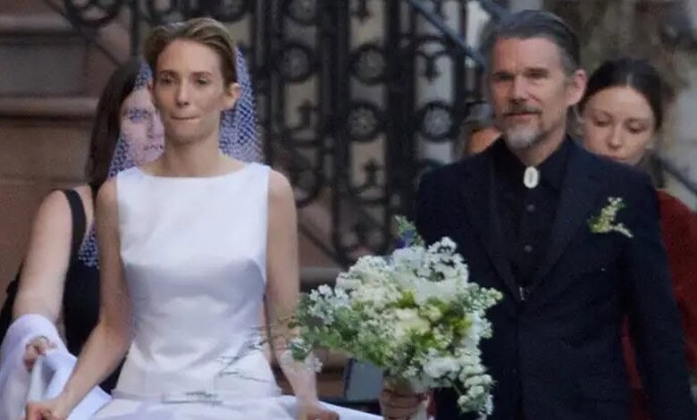 Maya Hawke in wedding dress with Christian Lee Hutson at their wedding.
